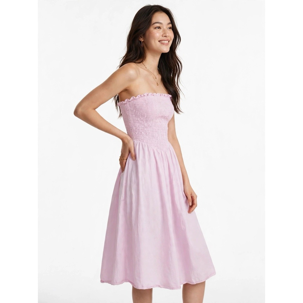GLAMOROUS Pink Smocked Strapless Midi Dress Cottagecore Romantic Summer 6